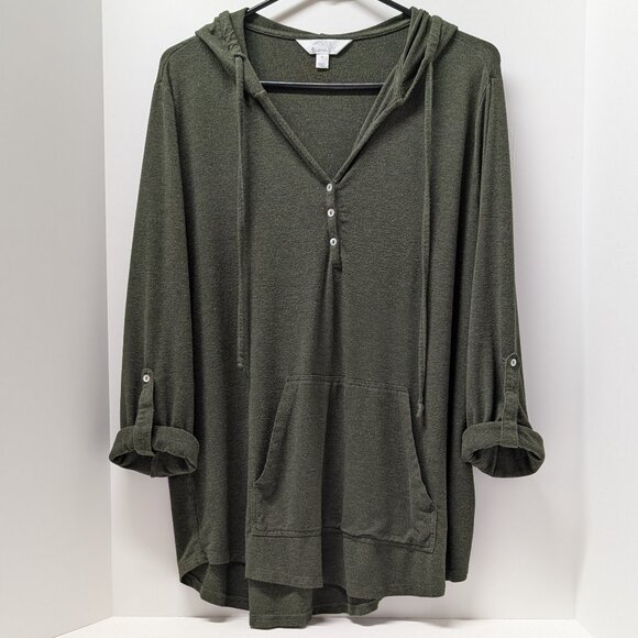 Market & Spruce 'Salvatrice' Hooded Henley Roll Tab Knit Top in Olive - Picture 6 of 13